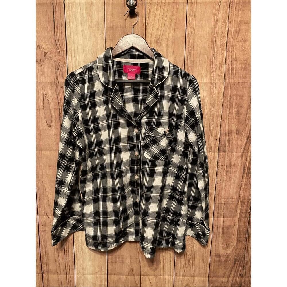 Victorias Secret Small Pajama Top Plaid Metallic White black Grey pink bow